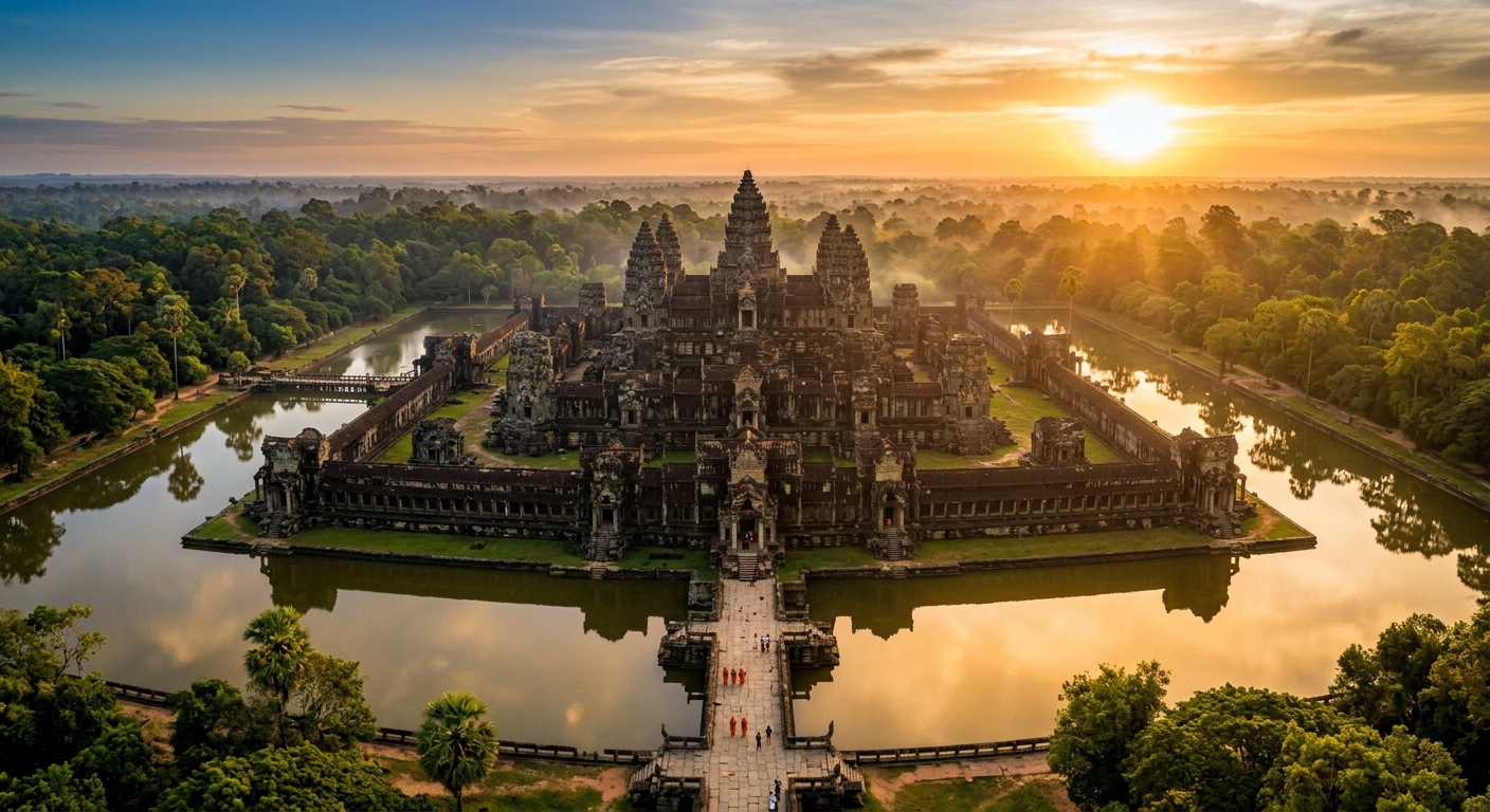 朝日に照らされたアンコール遺跡