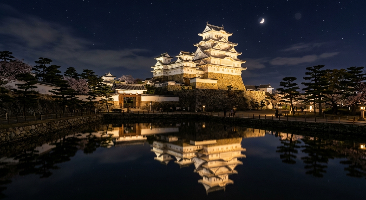 夜の姫路城と水面の反射